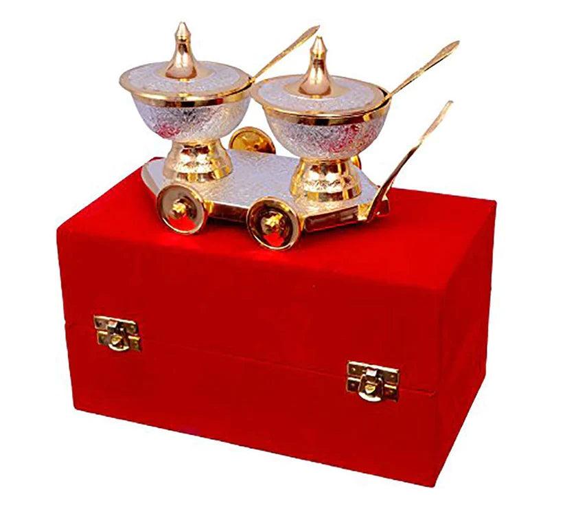 Treasure exports Silver & Gold Plated Brass Bowl Set on Trolley Velvet Box Best Deepawali Gift - TREASURE EXPORTS