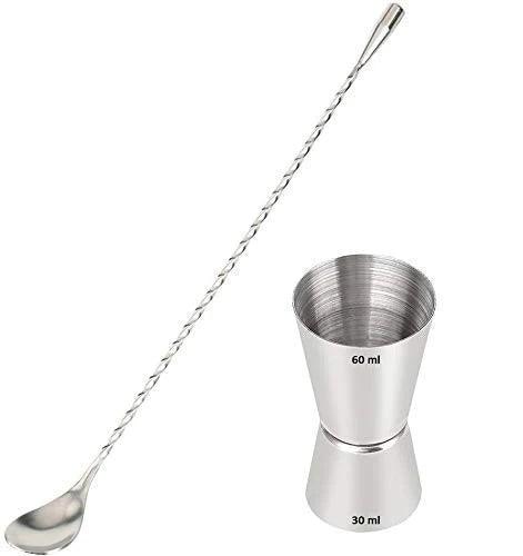 Treasure Exports Teardrop Cocktail Spoon Bar Spoon Long Spoon Mixing Spoon 12 Inches with Peg Measurer, Jigger, Measure Cup 30ml/60ml: 2 Pcs - TREASURE EXPORTS