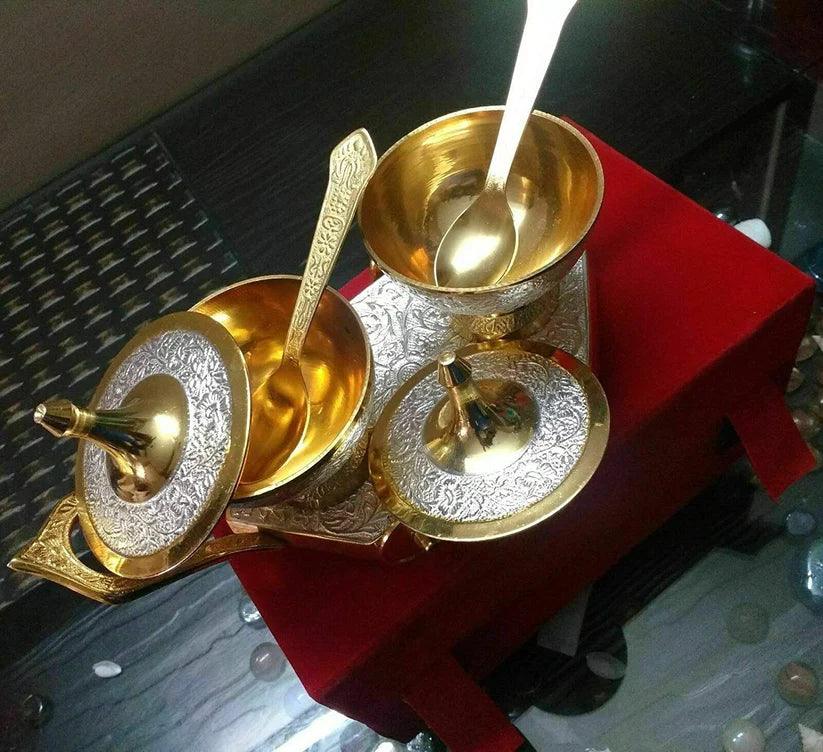 Treasure exports Silver & Gold Plated Brass Bowl Set on Trolley Velvet Box Best Deepawali Gift - TREASURE EXPORTS