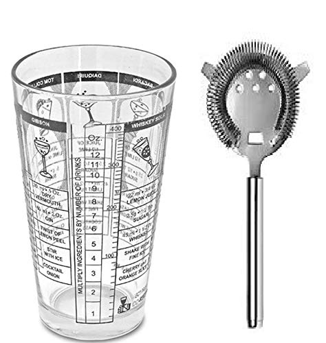 Treasure Exports Cocktail Mixing Glass with Recipes Mixing,Printed Recipes Mixing Cocktail Shaker Glass with Cocktail Strainer