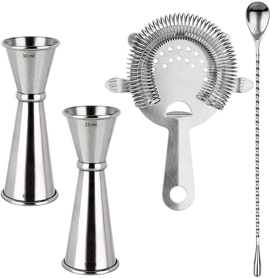 Treasure Exports Cocktail Tools, Bartender Kit, 2 Pcs Double Japanese Peg Measurer (30-60 ml) and 1 Pc. Teardrop Mixing Spoon, 1 Cocktail Strainer: 4 PCS - TREASURE EXPORTS