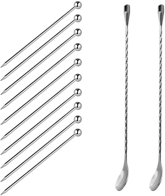 Treasure Exports Stainless Steel Cocktail Picks & Teardrop Mixing Spoons, 10 Pieces Cocktail Picks and 2 Pieces Bar Cocktail Stirrer Spoon: 12 Pcs. - TREASURE EXPORTS