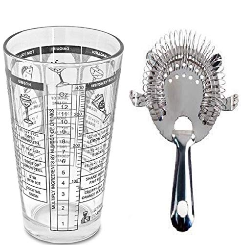 Treasure Exports Transparent Cocktail Mixing Glass with Printed Recipes Mixing and 4 Pong Strainer