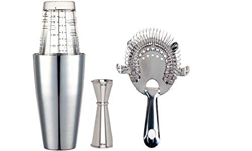 Treasure Exports Professional Stainless Steel Bar Boston Shaker Set,4 Prong Shaker, Mixing Glass, Japanese Jigger and Cocktail Strainer): 4 Piece Set