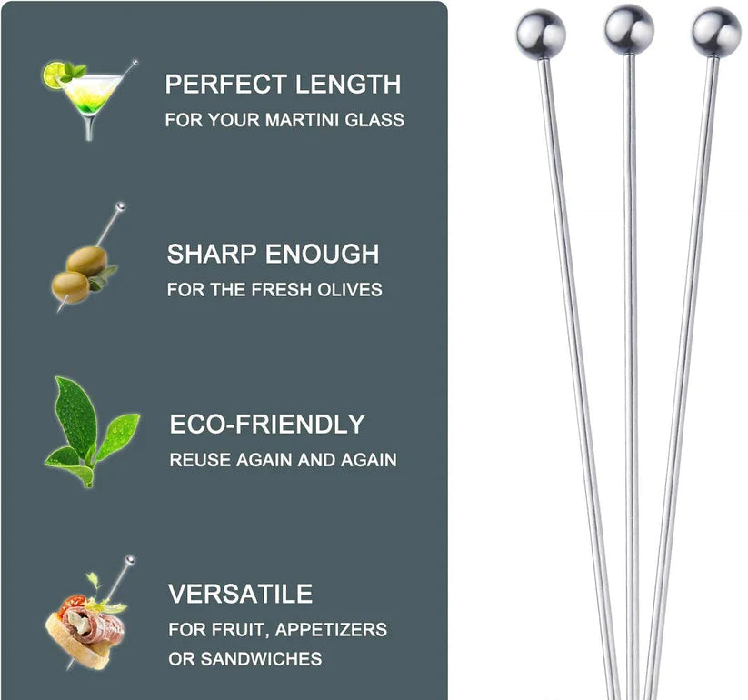 Treasure Exports Stainless Steel Cocktail Picks & Teardrop Mixing Spoons, 10 Pieces Cocktail Picks and 2 Pieces Bar Cocktail Stirrer Spoon: 12 Pcs.