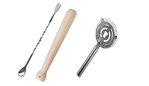 Treasure Exports Cocktail Muddler Set, Spiral Fork Mixing Spoon & Cocktail Bar Strainer, Home Bar Bartender's Muddling Tool Set: 3 Pcs Set