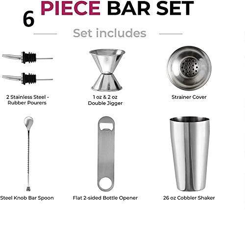 Treasure Exports 6 Piece Cocktail Shaker Bar Tools Set Brushed Stainless Steel Bartender Kit, with All Bar Accessories - TREASURE EXPORTS