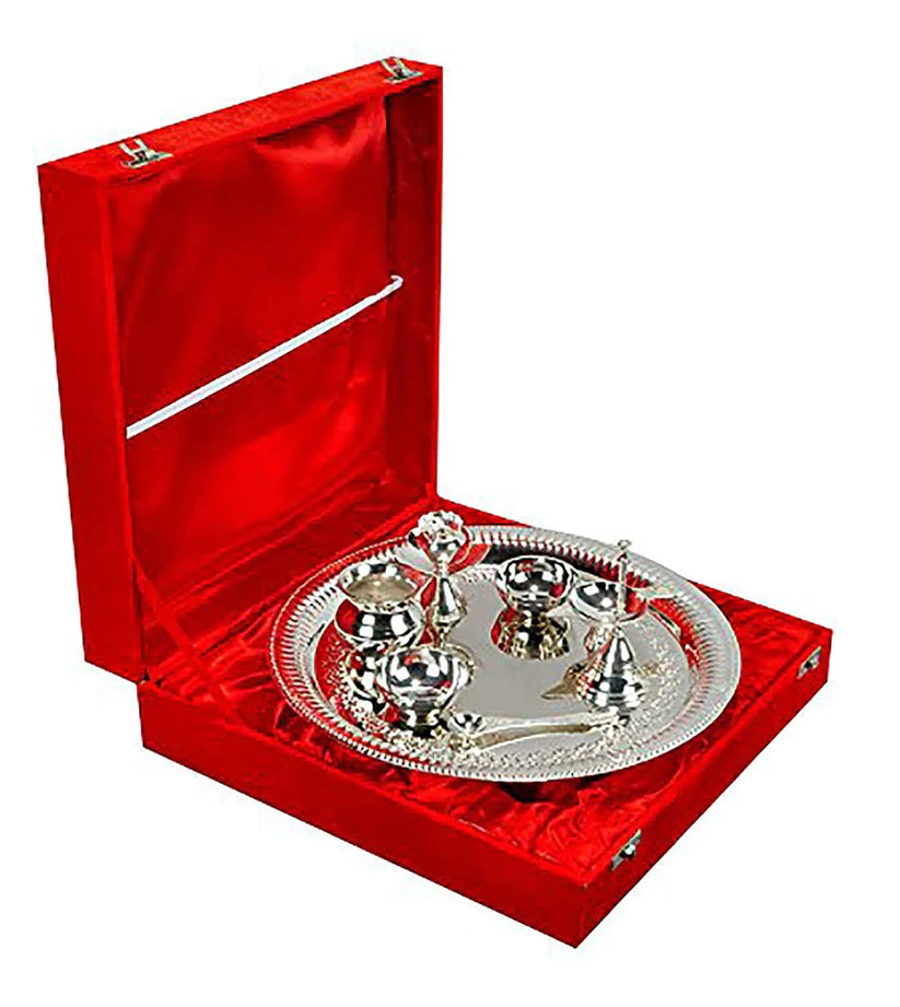 Treasure  Exports Silver Pooja Aarti Thali with Gift Box (Size 23.6 X 23.6 X 6.3 cm) (Silver)