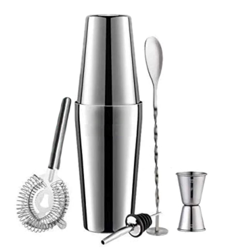 Treasure Exports Stainless Steel Cocktail, Martini, Drink, Boston Shaker Double Measuring Jigger, Mixing Spoon Bartender Kit - Set 6 Piece