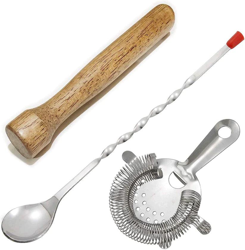 Treasure Exports Bartender Kit for Cocktail Making with 10" Muddler, 11" Stainless Steel Mixing Spoon, Strainer, Mojitos Drinks Bar Kitchen Tools: 3 Pcs - TREASURE EXPORTS