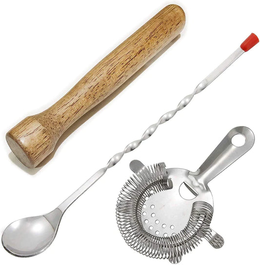 Treasure Exports Bartender Kit for Cocktail Making with 10" Muddler, 11" Stainless Steel Mixing Spoon, Strainer, Mojitos Drinks Bar Kitchen Tools: 3 Pcs - TREASURE EXPORTS