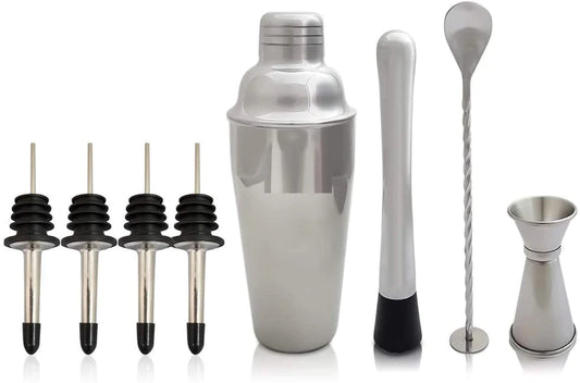 Treasure Exports Premium Cocktail Shaker with Stainless Steel Cobbler Shaker Mixing Spoon Muddler, 4 Pourers and Measuring Jigger Mixer: 8 Pcs