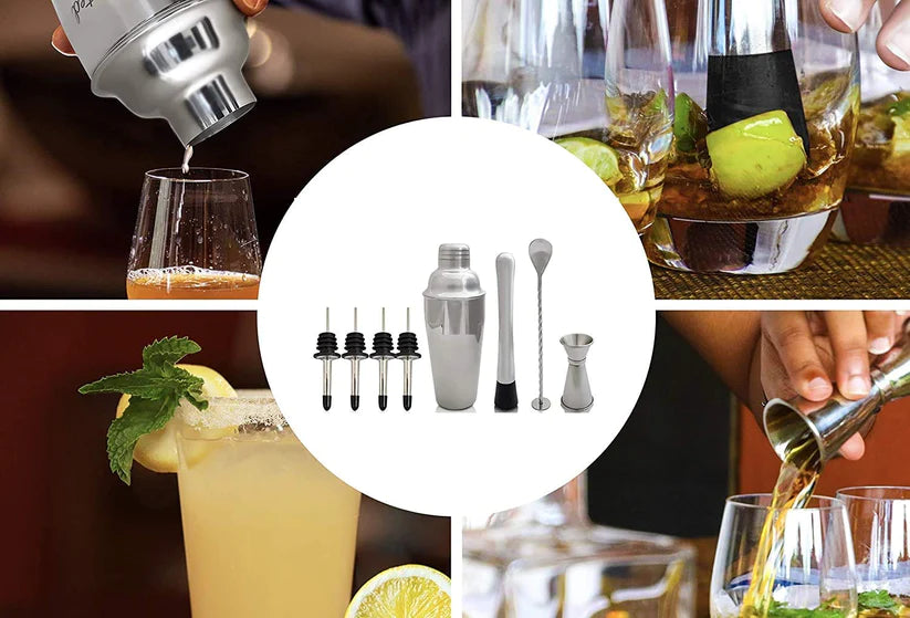Treasure Exports Premium Cocktail Shaker with Stainless Steel Cobbler Shaker Mixing Spoon Muddler, 4 Pourers and Measuring Jigger Mixer: 8 Pcs