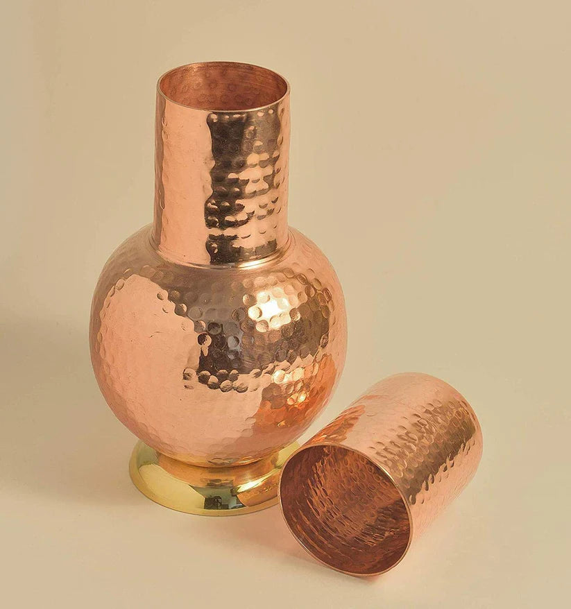 Treasure Exports Hammered Surai Design Bedroom Water Copper Bottle with Inbuilt Glass 1200 ml Set of 2 (Brown)