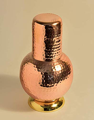 Treasure Exports Hammered Surai Design Bedroom Water Copper Bottle with Inbuilt Glass 1200 ml Set of 4 (Brown)