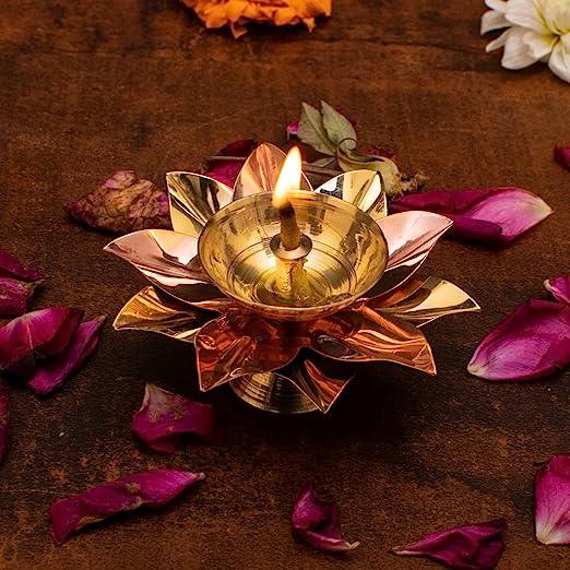 Treasure exports Brass & Copper Akhand Jyot Diya with Decorative Oil Diya Lotus Shape for Diwali, Puja and Festival Decoration Brass Diya Lamp Lotus Shape -Decorative Akhand Deepak for Pooja - TREASURE EXPORTS