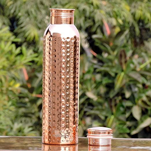 Treasure Hammered copper water bottle 1 litre copper water bottle with hammered design - TREASURE EXPORTS