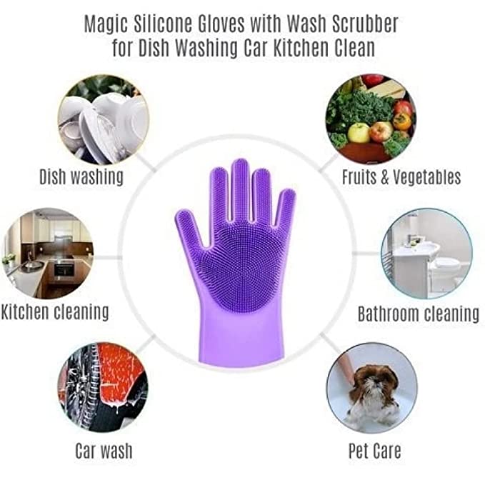 Treasure Silcion Gloves for Dishwashing, Washing Utensils Silicone Dishwashing, Car Cleaning Gloves, Bathroom and Kitchen washing Glove with Scrubber - Assorted color (Pack of 1)